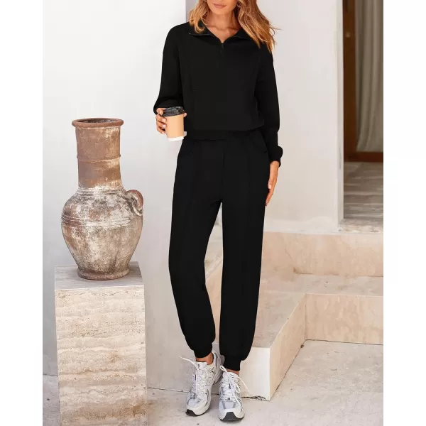 BTFBM Women 2024 Two Piece Tracksuits Sweatsuits Fall Winter Clothes Quarter Zip Sweatshirt Jogger Pants Y2K Lounge SetsBlack