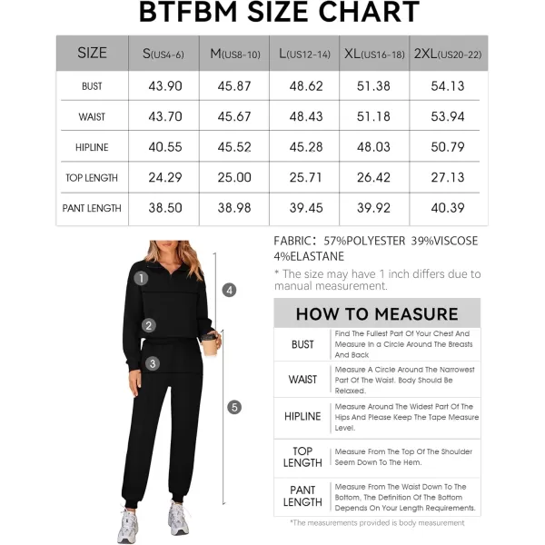 BTFBM Women 2024 Two Piece Tracksuits Sweatsuits Fall Winter Clothes Quarter Zip Sweatshirt Jogger Pants Y2K Lounge SetsBlack