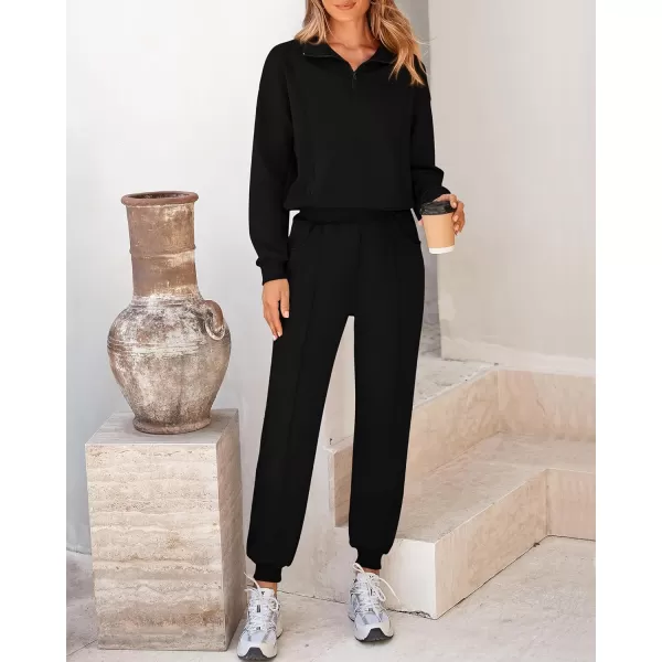 BTFBM Women 2024 Two Piece Tracksuits Sweatsuits Fall Winter Clothes Quarter Zip Sweatshirt Jogger Pants Y2K Lounge SetsBlack
