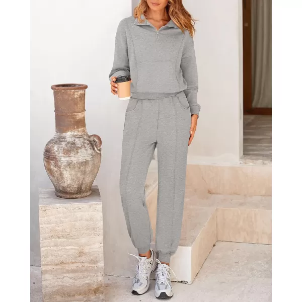 BTFBM Women 2024 Two Piece Tracksuits Sweatsuits Fall Winter Clothes Quarter Zip Sweatshirt Jogger Pants Y2K Lounge SetsLight Grey