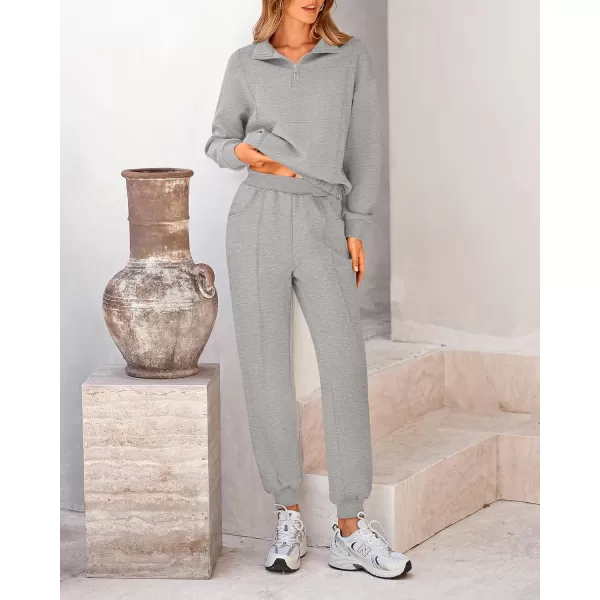 BTFBM Women 2024 Two Piece Tracksuits Sweatsuits Fall Winter Clothes Quarter Zip Sweatshirt Jogger Pants Y2K Lounge SetsLight Grey
