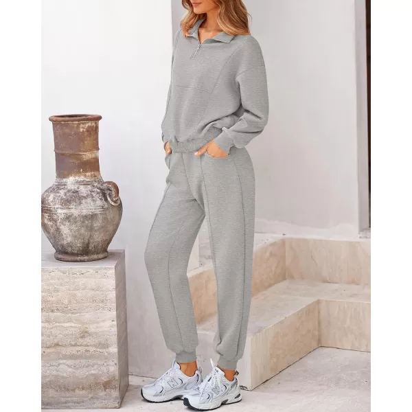 BTFBM Women 2024 Two Piece Tracksuits Sweatsuits Fall Winter Clothes Quarter Zip Sweatshirt Jogger Pants Y2K Lounge SetsLight Grey