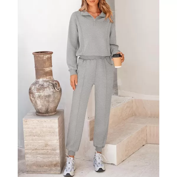 BTFBM Women 2024 Two Piece Tracksuits Sweatsuits Fall Winter Clothes Quarter Zip Sweatshirt Jogger Pants Y2K Lounge SetsLight Grey