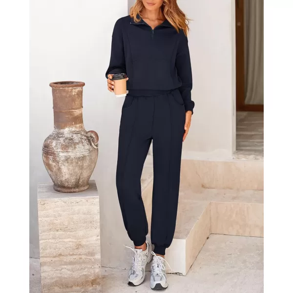 BTFBM Women 2024 Two Piece Tracksuits Sweatsuits Fall Winter Clothes Quarter Zip Sweatshirt Jogger Pants Y2K Lounge SetsNavy