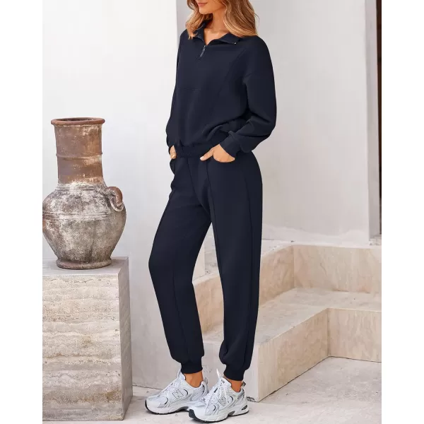 BTFBM Women 2024 Two Piece Tracksuits Sweatsuits Fall Winter Clothes Quarter Zip Sweatshirt Jogger Pants Y2K Lounge SetsNavy