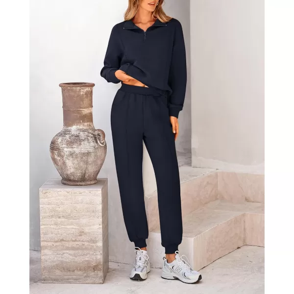 BTFBM Women 2024 Two Piece Tracksuits Sweatsuits Fall Winter Clothes Quarter Zip Sweatshirt Jogger Pants Y2K Lounge SetsNavy