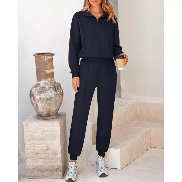 BTFBM Women 2024 Two Piece Tracksuits Sweatsuits Fall Winter Clothes Quarter Zip Sweatshirt Jogger Pants Y2K Lounge SetsNavy