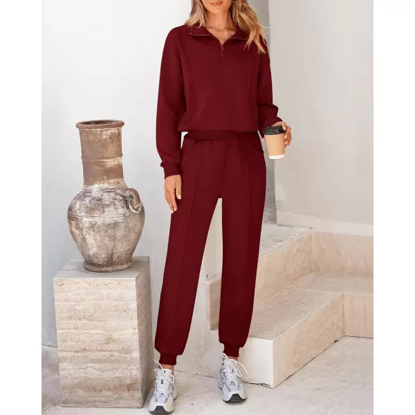 BTFBM Women 2024 Two Piece Tracksuits Sweatsuits Fall Winter Clothes Quarter Zip Sweatshirt Jogger Pants Y2K Lounge SetsWine Red