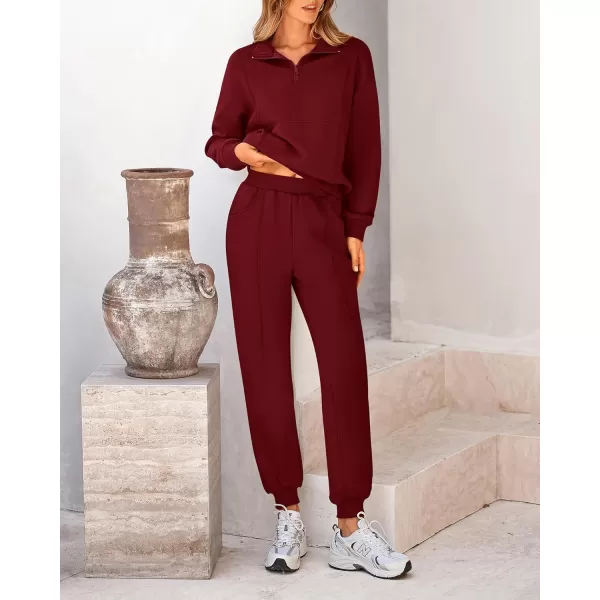 BTFBM Women 2024 Two Piece Tracksuits Sweatsuits Fall Winter Clothes Quarter Zip Sweatshirt Jogger Pants Y2K Lounge SetsWine Red