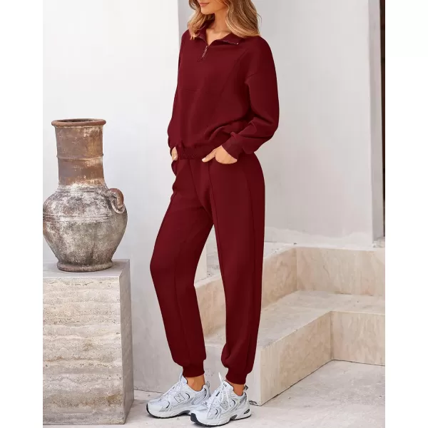 BTFBM Women 2024 Two Piece Tracksuits Sweatsuits Fall Winter Clothes Quarter Zip Sweatshirt Jogger Pants Y2K Lounge SetsWine Red