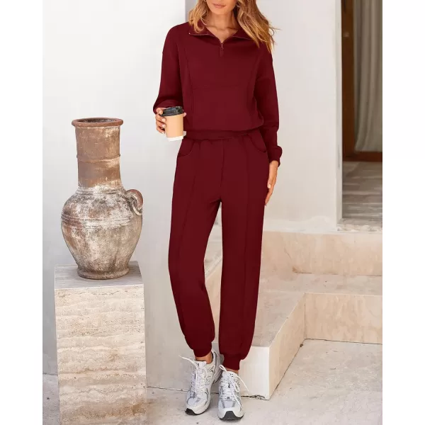 BTFBM Women 2024 Two Piece Tracksuits Sweatsuits Fall Winter Clothes Quarter Zip Sweatshirt Jogger Pants Y2K Lounge SetsWine Red