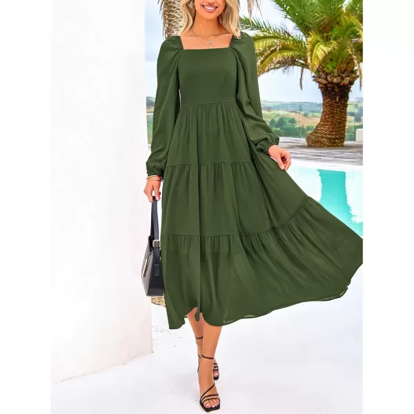 BTFBM Women Square Neck Puff Long Sleeve Dress Smocked Tiered Flowy Casual Fall Wedding Guest Maxi Dresses with PocketsArmy Green