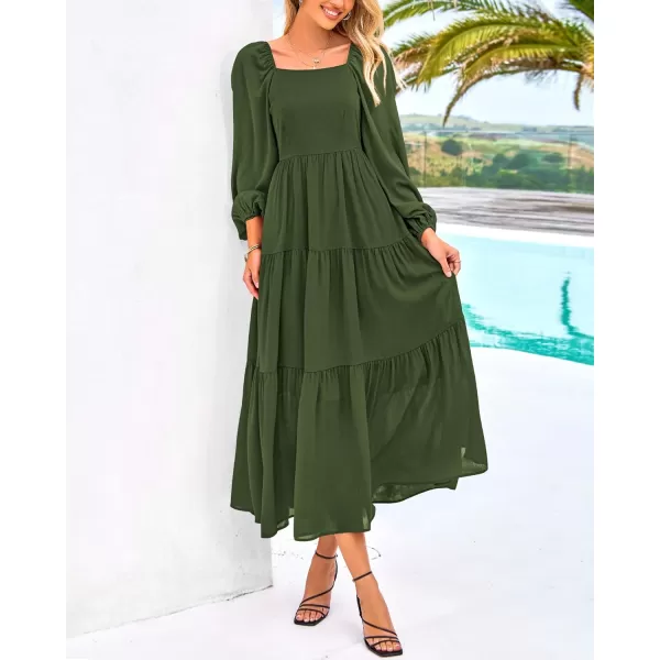 BTFBM Women Square Neck Puff Long Sleeve Dress Smocked Tiered Flowy Casual Fall Wedding Guest Maxi Dresses with PocketsArmy Green