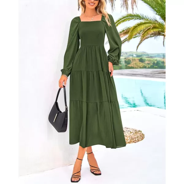 BTFBM Women Square Neck Puff Long Sleeve Dress Smocked Tiered Flowy Casual Fall Wedding Guest Maxi Dresses with PocketsArmy Green