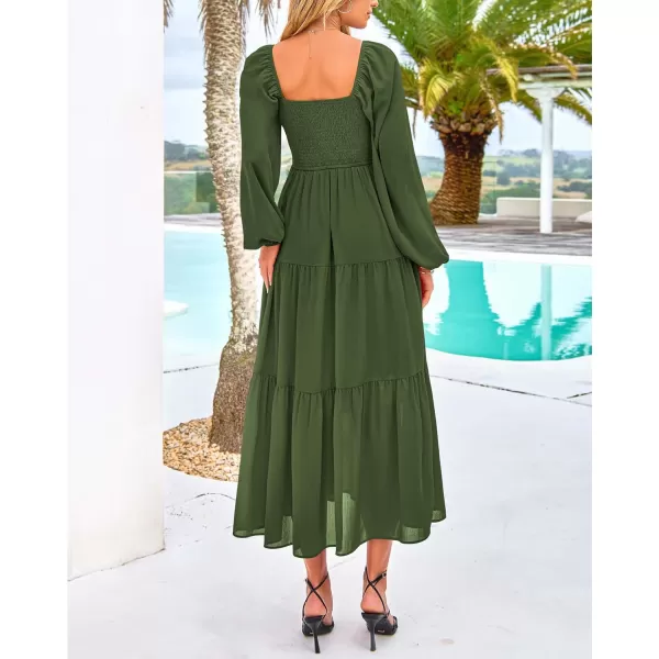 BTFBM Women Square Neck Puff Long Sleeve Dress Smocked Tiered Flowy Casual Fall Wedding Guest Maxi Dresses with PocketsArmy Green