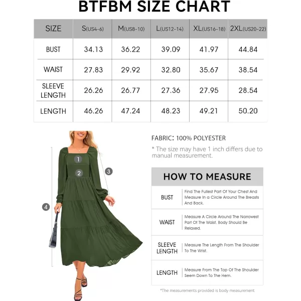 BTFBM Women Square Neck Puff Long Sleeve Dress Smocked Tiered Flowy Casual Fall Wedding Guest Maxi Dresses with PocketsArmy Green