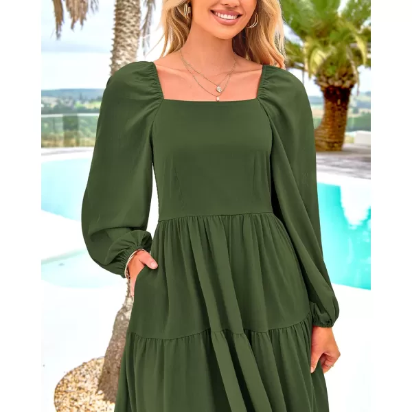 BTFBM Women Square Neck Puff Long Sleeve Dress Smocked Tiered Flowy Casual Fall Wedding Guest Maxi Dresses with PocketsArmy Green