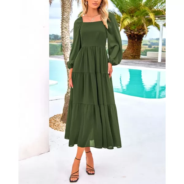BTFBM Women Square Neck Puff Long Sleeve Dress Smocked Tiered Flowy Casual Fall Wedding Guest Maxi Dresses with PocketsArmy Green
