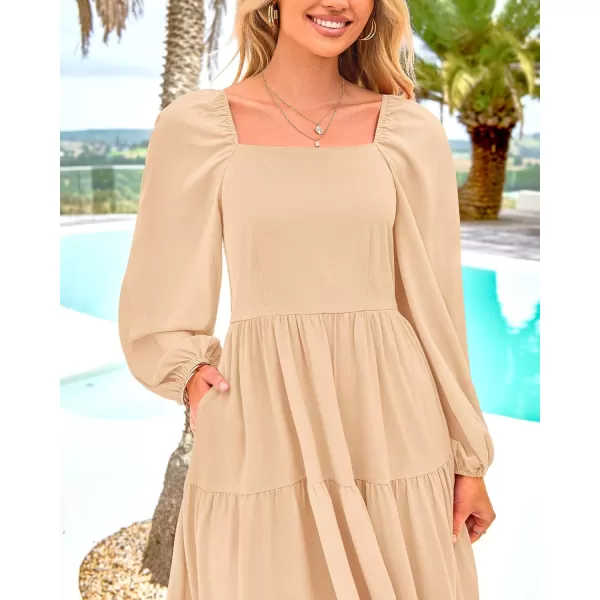 BTFBM Women Square Neck Puff Long Sleeve Dress Smocked Tiered Flowy Casual Fall Wedding Guest Maxi Dresses with PocketsBeige
