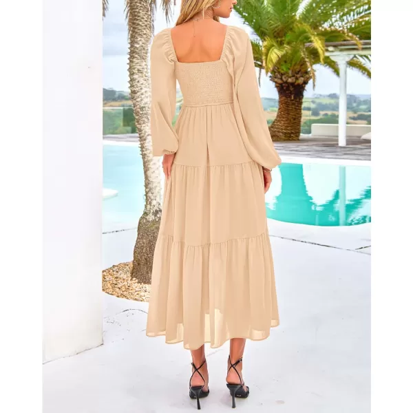 BTFBM Women Square Neck Puff Long Sleeve Dress Smocked Tiered Flowy Casual Fall Wedding Guest Maxi Dresses with PocketsBeige