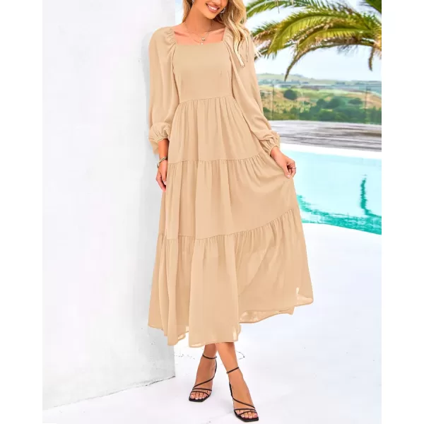 BTFBM Women Square Neck Puff Long Sleeve Dress Smocked Tiered Flowy Casual Fall Wedding Guest Maxi Dresses with PocketsBeige