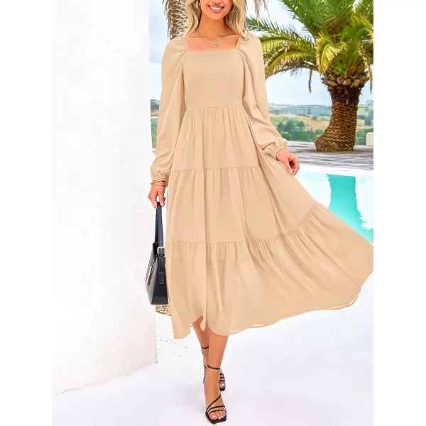 BTFBM Women Square Neck Puff Long Sleeve Dress Smocked Tiered Flowy Casual Fall Wedding Guest Maxi Dresses with PocketsBeige