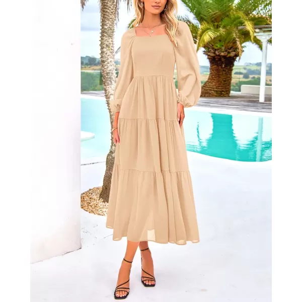 BTFBM Women Square Neck Puff Long Sleeve Dress Smocked Tiered Flowy Casual Fall Wedding Guest Maxi Dresses with PocketsBeige