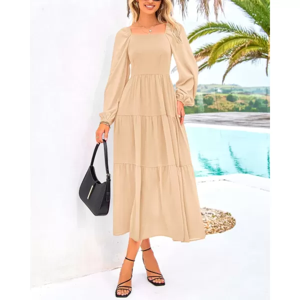BTFBM Women Square Neck Puff Long Sleeve Dress Smocked Tiered Flowy Casual Fall Wedding Guest Maxi Dresses with PocketsBeige