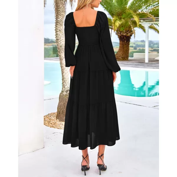 BTFBM Women Square Neck Puff Long Sleeve Dress Smocked Tiered Flowy Casual Fall Wedding Guest Maxi Dresses with PocketsBlack