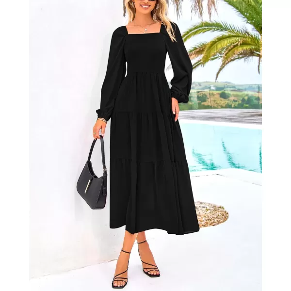 BTFBM Women Square Neck Puff Long Sleeve Dress Smocked Tiered Flowy Casual Fall Wedding Guest Maxi Dresses with PocketsBlack
