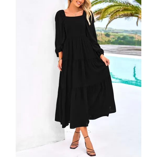 BTFBM Women Square Neck Puff Long Sleeve Dress Smocked Tiered Flowy Casual Fall Wedding Guest Maxi Dresses with PocketsBlack