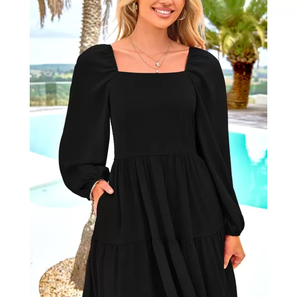 BTFBM Women Square Neck Puff Long Sleeve Dress Smocked Tiered Flowy Casual Fall Wedding Guest Maxi Dresses with PocketsBlack