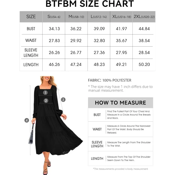 BTFBM Women Square Neck Puff Long Sleeve Dress Smocked Tiered Flowy Casual Fall Wedding Guest Maxi Dresses with PocketsBlack