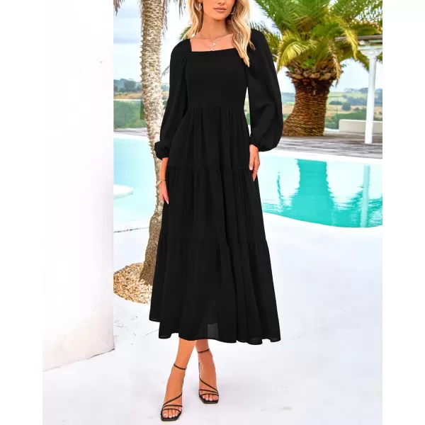 BTFBM Women Square Neck Puff Long Sleeve Dress Smocked Tiered Flowy Casual Fall Wedding Guest Maxi Dresses with PocketsBlack