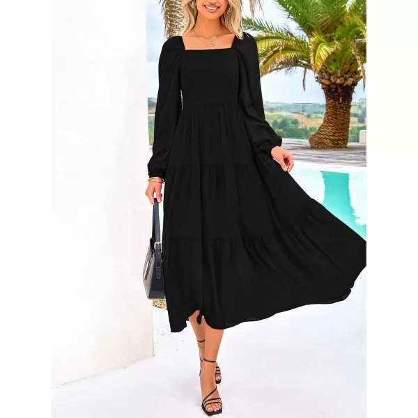 BTFBM Women Square Neck Puff Long Sleeve Dress Smocked Tiered Flowy Casual Fall Wedding Guest Maxi Dresses with PocketsBlack