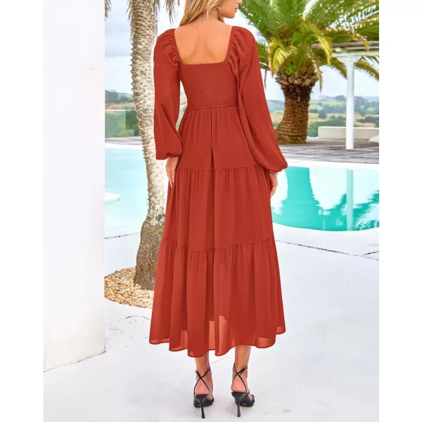 BTFBM Women Square Neck Puff Long Sleeve Dress Smocked Tiered Flowy Casual Fall Wedding Guest Maxi Dresses with PocketsBrick Red