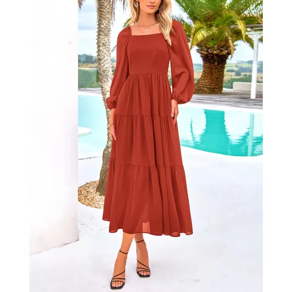 BTFBM Women Square Neck Puff Long Sleeve Dress Smocked Tiered Flowy Casual Fall Wedding Guest Maxi Dresses with PocketsBrick Red