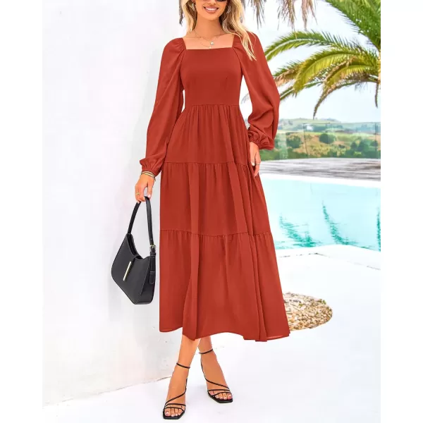 BTFBM Women Square Neck Puff Long Sleeve Dress Smocked Tiered Flowy Casual Fall Wedding Guest Maxi Dresses with PocketsBrick Red