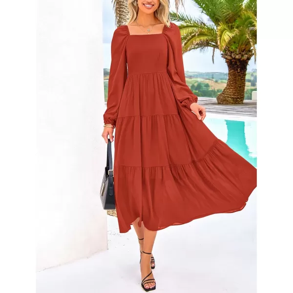 BTFBM Women Square Neck Puff Long Sleeve Dress Smocked Tiered Flowy Casual Fall Wedding Guest Maxi Dresses with PocketsBrick Red