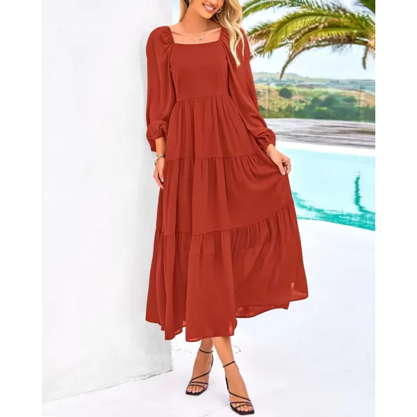 BTFBM Women Square Neck Puff Long Sleeve Dress Smocked Tiered Flowy Casual Fall Wedding Guest Maxi Dresses with PocketsBrick Red