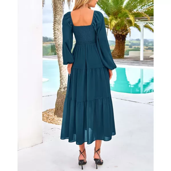 BTFBM Women Square Neck Puff Long Sleeve Dress Smocked Tiered Flowy Casual Fall Wedding Guest Maxi Dresses with PocketsDark Blue