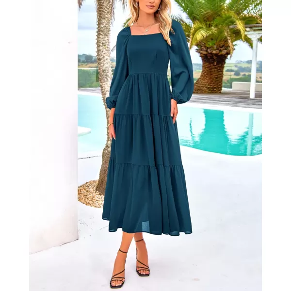 BTFBM Women Square Neck Puff Long Sleeve Dress Smocked Tiered Flowy Casual Fall Wedding Guest Maxi Dresses with PocketsDark Blue