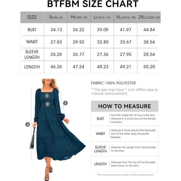BTFBM Women Square Neck Puff Long Sleeve Dress Smocked Tiered Flowy Casual Fall Wedding Guest Maxi Dresses with PocketsDark Blue