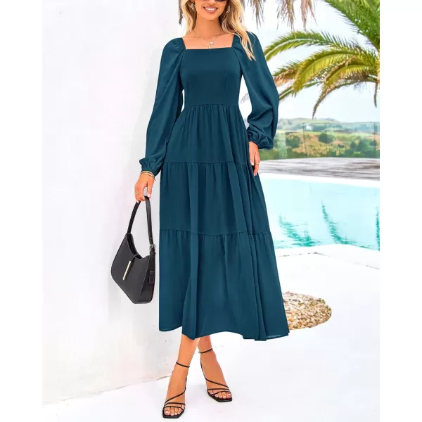 BTFBM Women Square Neck Puff Long Sleeve Dress Smocked Tiered Flowy Casual Fall Wedding Guest Maxi Dresses with PocketsDark Blue