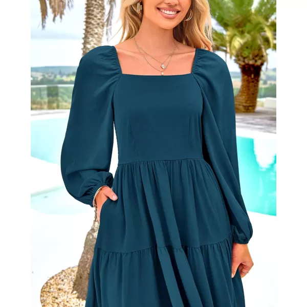 BTFBM Women Square Neck Puff Long Sleeve Dress Smocked Tiered Flowy Casual Fall Wedding Guest Maxi Dresses with PocketsDark Blue
