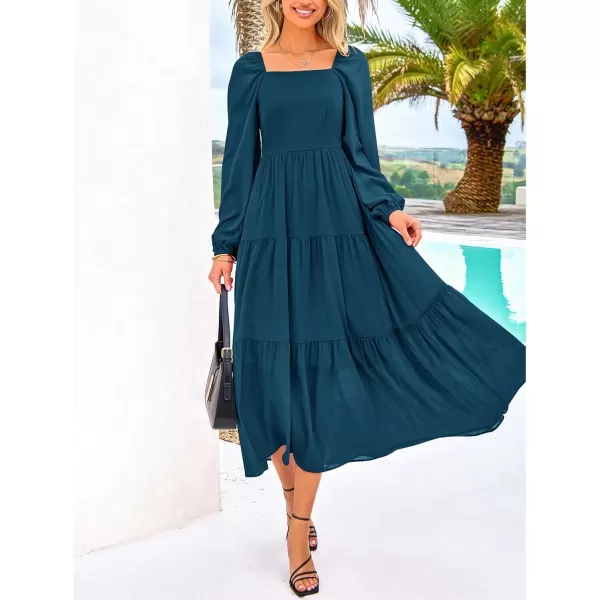 BTFBM Women Square Neck Puff Long Sleeve Dress Smocked Tiered Flowy Casual Fall Wedding Guest Maxi Dresses with PocketsDark Blue