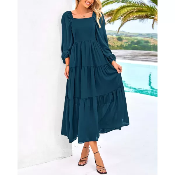BTFBM Women Square Neck Puff Long Sleeve Dress Smocked Tiered Flowy Casual Fall Wedding Guest Maxi Dresses with PocketsDark Blue