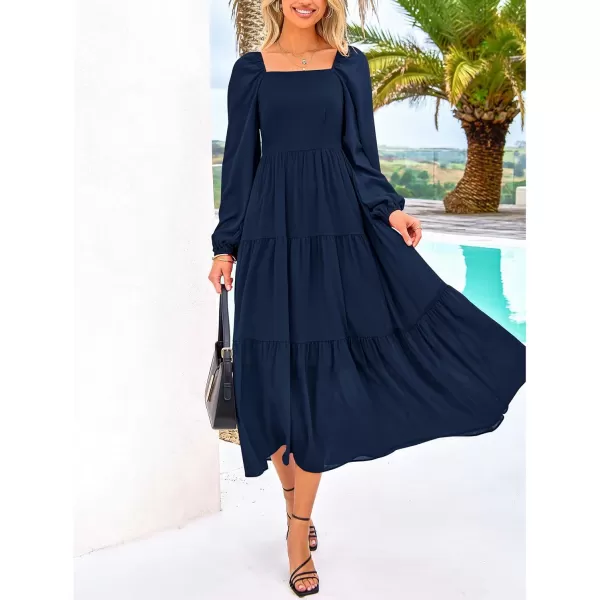 BTFBM Women Square Neck Puff Long Sleeve Dress Smocked Tiered Flowy Casual Fall Wedding Guest Maxi Dresses with PocketsNavy