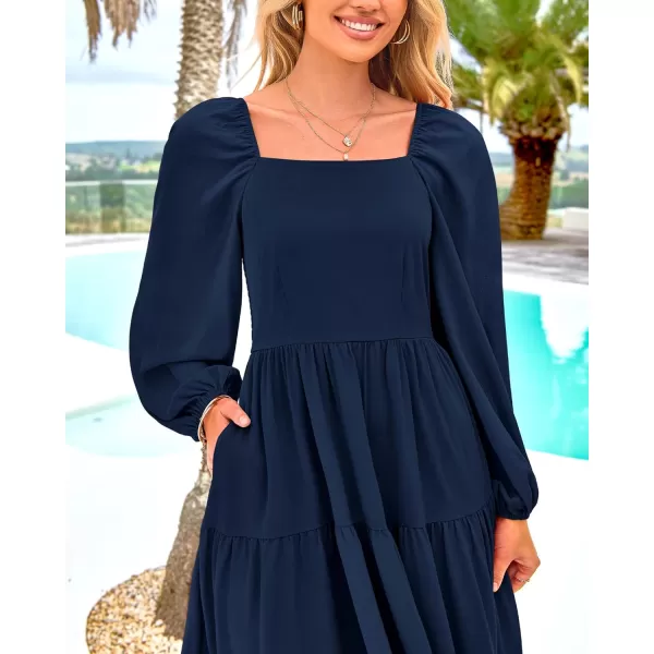 BTFBM Women Square Neck Puff Long Sleeve Dress Smocked Tiered Flowy Casual Fall Wedding Guest Maxi Dresses with PocketsNavy