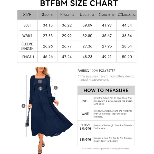 BTFBM Women Square Neck Puff Long Sleeve Dress Smocked Tiered Flowy Casual Fall Wedding Guest Maxi Dresses with PocketsNavy